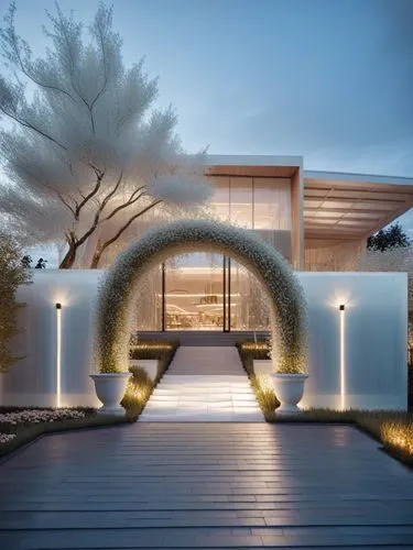 a driveway that leads to the entrance to an elegant home,prefab,private house,beautiful home,smart home,prefabricated,pergola