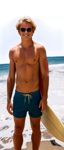 Young adult, athletic male, surfer, solo, (20yo), messy blonde hair, tanned skin, beachy waves, blue eyes, smiling, sunglasses, swimsuit, surfboard, ocean spray, morning sunlight, 3/4 composition, sha