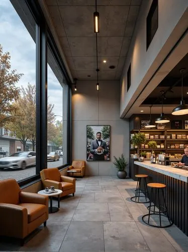 the interior of a small coffee shop, high ceiling, panoramic windows, a bar counter with a confectionery showcase, gray tiled floor, areas for two and three people, modern laconic armchairs, a sofa, l