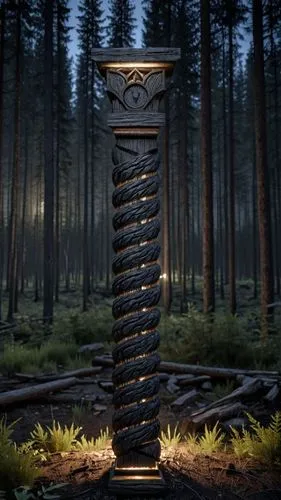 a strange looking vase that is surrounded by greenery,pillar,totem,stone lamp,the pillar of light,wooden pole,torch,master lamp,urn,pillar of fire,totem pole,goblet,totems,steel sculpture,light post,t