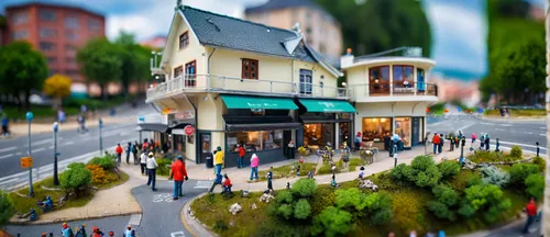 3d rendering,miniature house,model house,tilt shift,shopping street,street scene,city corner,escher village,urban landscape,render,3d rendered,shopping center,apartment house,3d render,world digital p