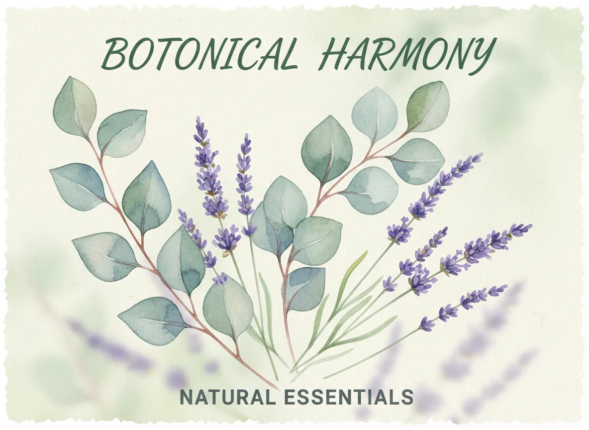 Un manifesto generato dall'AI con illustrazioni botaniche ad acquerello molto dettagliate di foglie di eucalipto e rametti di lavanda.