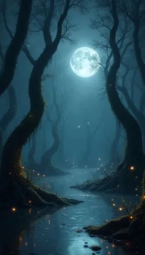 /imagine A mystical swamp in New Orleans bathed in the silvery light of a full moon. Twisted cypress trees are adorned with glowing bioluminescent moss, and fireflies dance through the air like tiny s