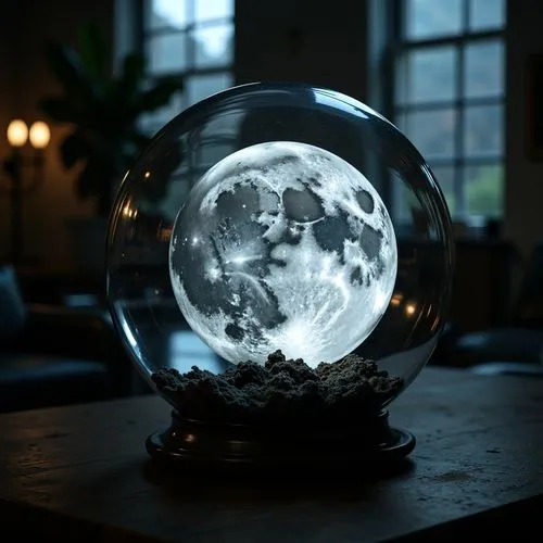 The Moon enclosed in a Glass Sphere, intricately detailed photorealism precisionism 8K 3D HDR, beautifully shot, hyperrealistic, sharp focus, 8 megapixels, perfect composition, high contrast, cinemati