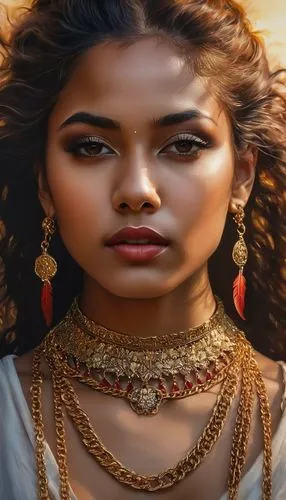 A detailed oil painting, an ethereal image of a young woman is central. Her hair, a canvas of tender red feathers and eyes, is adorned with gold chains and bracelets. The raw raw power of this moment 