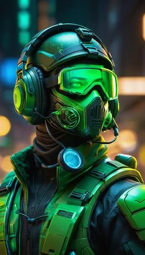 futuristic cybernetic war brazilian soldier, using mask, glasses, headset, hyper realistic, green lights, ultra detailed photograph, captured with a 85mm lens, f4. 6, bokeh, ultra detailed, ultra accu