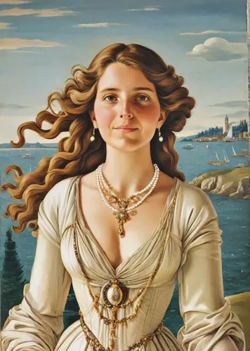 A stunning, intricate painting in the style of Sandro Botticelli, depicting a young woman reminiscent of Simonetta Vespucci. The woman is wearing a light beige, elegant and expensive dress from the Re