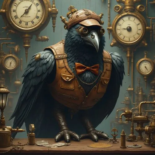 The background is filled with large various steampunk devices and a large 19th century steampunk airship. The center of attention is a surreal large figure of a bird - a large black raven controlling 