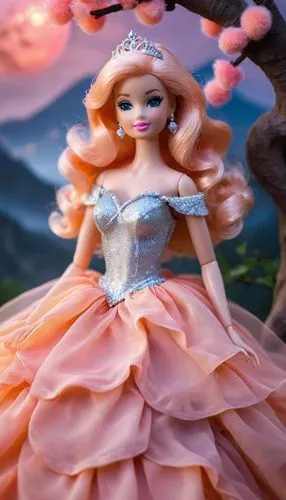 Barbie Doll princess, peach layeres gown, silver glitter bodice, soft large frills, creamy chiffon, flowy, breezy, peach clouds, peaches n cream barbie doll, peach trees,Peaches n Cream,fairy tale cha