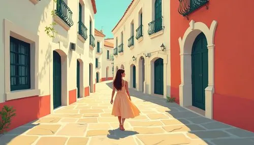 A flat, lineless digital art illustration with bold outlines and strong color blocking, utilizing vibrant reds, greens, and oranges. A solitary woman, depicted in a flowing, light-colored dress in the