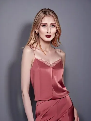 Shyanne with her characteristic long nose bridge at the model shoot,a woman wearing a pink robe and large cleavage,colorizing,maroon,portrait background,colorization,color 1,transparent background,mau