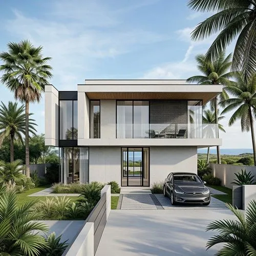 there is a car parked in the driveway,modern house,modern architecture,dunes house,luxury property,holiday villa,modern style,contemporary,luxury home,tropical house,smart house,residential house,beau
