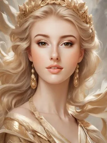 Blonde, beautiful lady dressed in mythological style, oil painting, 8k,fantasy portrait,golden crown,golden haired,rapunzel,fantasy art,romantic portrait,elsa,mystical portrait of a girl,blonde woman,