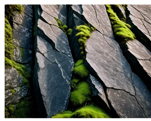 Rock formation, rugged surface, grey brown texture, cracked edges, moss growing, natural environment, close-up shot, dramatic lighting, high contrast, shallow depth of field, detailed crevices, rough 