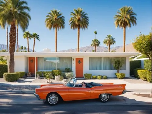 Mid-century modern architecture, Palm Springs, California, sunny day, blue sky, palm trees lining the streets, sleek lines, geometric shapes, large windows, sliding glass doors, minimalist decor, past