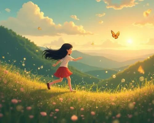 A serene Studio Ghibli-inspired rolling hills at golden hour, a cute young teenaged girl with a long jet black hair flowing in the wind running after a flying butterly
, surrounded by gentle fireflies