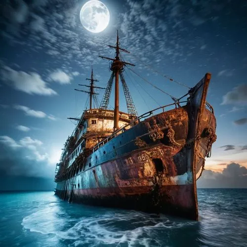 old Japanese ship, Traditional, ship's deck, cold Indian Ocean, night time,  icy water, sea storm, survival struggle, desperate cries, heroic acts, full moon, dark sky, underwater, rusted metal, sea c