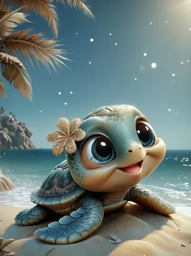 the little turtle is on the beach and it is happy,sea turtle,water turtle,baby turtle,turtle,land turtle,cute cartoon character,ocean paradise,loggerhead turtle,summer background,pascal,marine animal,