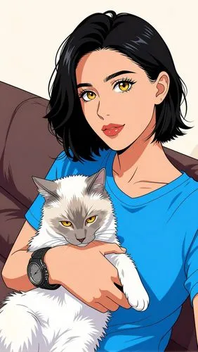 anime style Style, art by Naoko takeuchi :
Latin woman with Mexican features, gold-brown eyes. 

,a woman is holding a gray and white cat,cat vector,cat mom,cute cartoon image,cat cartoon,cartoon cat,
