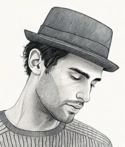 young man, unshaven,flat cap,knit cap,bowler hat,felt hat,pencil drawings,knit hat,pencil drawing,men hat,brown hat,men's hat,royce,stubble,pencil art,trilby,fedora,beret,pen drawing,pencil and paper,