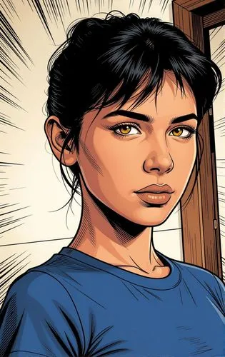 comic Style, art by jimm lee :
Latin woman with Mexican features, gold-brown eyes., 

,a woman with brown hair is next to a cross,comic halftone woman,clementine,comic style,girl with speech bubble,co