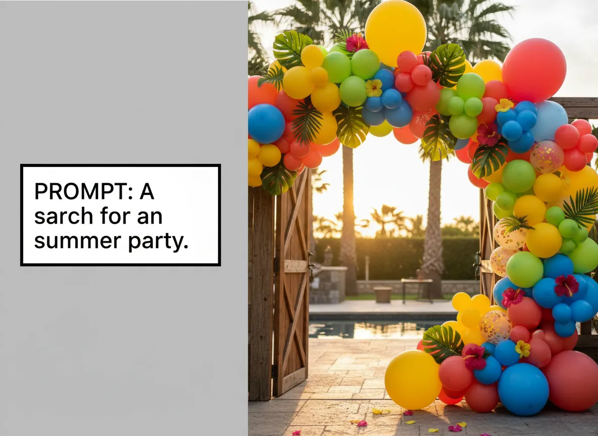 Confronto affiancato che mostra un semplice prompt di testo e il dettagliato arco di palloncini generato dall'IA.