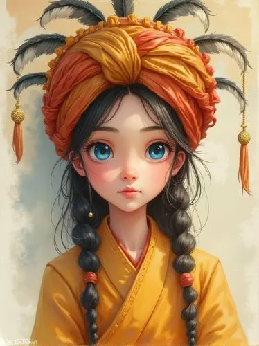 A beautiful girl with blue eyes, wearing a yellow and red turban adorned with feathers, in the style of digital painting, in the style of Anna Dittmann, fantasy art, character portrait, oil watercolor