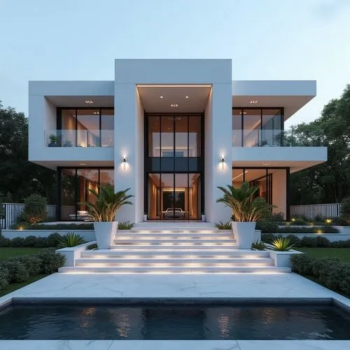 A hyper-realistic, high-resolution architectural photograph capturing a grand, ultra-modern luxury mansion at twilight. The building’s façade is composed of smooth white stone panels contrasted with s