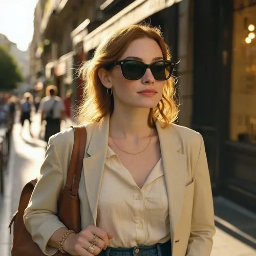 Replace her green bag with a brown leather backpack, and let her wear a pair of classic black sunglasses, ensuring the overall tone matches.,woman in sunglasses walking down the street holding a brown
