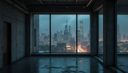 Urban apartment, brutalist architecture, concrete walls, industrial metal beams, minimalist interior, modern cityscape, skyscraper background, city lights reflection on windows, rainy night, moody atm