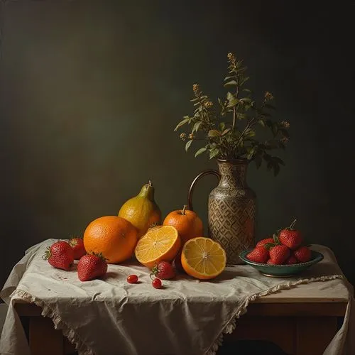 still lifes,fruit sitting on a table with a vase of flowers and other items,still life photography,autumn still life,still life,summer still-life,fruit bowl,tea still life with melon,bowl of fruit in 