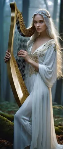 Pointed ears, slender face, striking blue eyes, long silver hair, gentle smile, elegant posture, standing, flowing white robe with intricate golden embroidery, delicate fingers holding a lyre, misty f