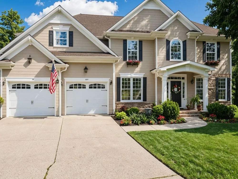 a large home with two driveways and garage doors in the front