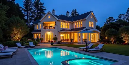 the exterior view of a house showing a swimming pool,pool house,beautiful home,dreamhouse,luxury home,luxury property,mansion,house by the water,private house,villa,summer cottage,two story house,summ