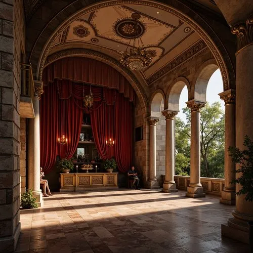 Renaissance-style amphitheater, rustic stone walls, ornate marble columns, polished bronze accents, velvet-red stage curtains, rich wooden flooring, intricate fresco ceilings, grandiose archways, warm