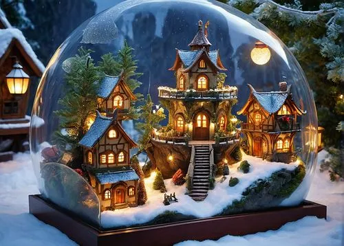 *32k HD wallpaper, High-quality, HDR smart, photo-realistic, high definition, hyper-realistic, Full-shot, Super-designed terrarium showcasing a magical winter village with tiny houses and glowing lant