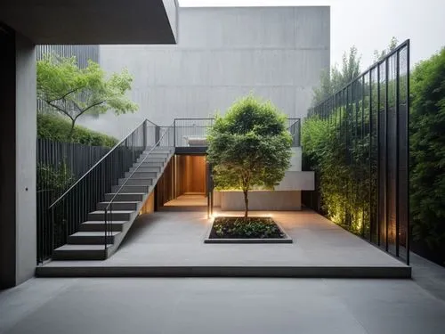 Renderiza un patio moderno con una escalera de concreto y barandillas metálicas, conectando diferentes niveles. Un árbol central en una jardinera cuadrada aporta frescura al espacio. El fondo tiene un
