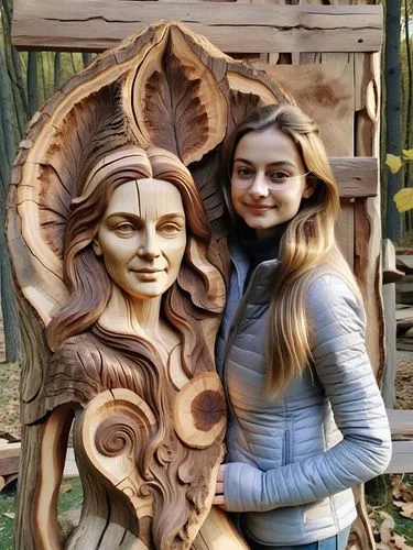 I am Marianne, a woodcarver from Oberammergau in Bavaria, this is my self-portrait in wood, I hope you like it.,a woman holding on to a wood sculpture,wood art,wood carving,woodcarving,wood angels,car