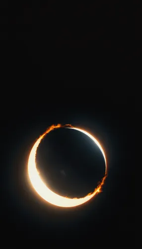 The Moon, centered, casts a dark umbra on Earth, depicting the path of totality. The Sun, in radiant oranges and yellows, forms a stunning corona effect around the Moon, all aligned casting a fading b