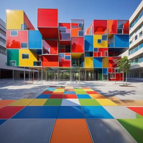 MAD architects, design a  minimalist kindergarten pedestrian plaza, parametric glass cubes, tropical environment ,school design,colorful facade,glass blocks,lego building blocks,lego blocks,rubik's cu