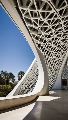 Felix Candela architecture, hyperbolic paraboloid roof, white concrete structure, intricate latticework patterns, geometric shapes, modernist style, brutalist elements, abstract sculptures, urban land