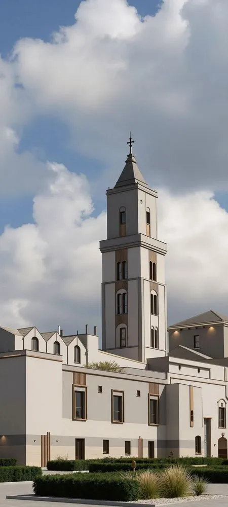 the large church has a tall bell tower
