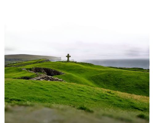 Emerald Isle, Ireland landscape, rolling green hills, rugged coastline, misty atmosphere, ancient stone ruins, Celtic cross monuments, winding roads, 4K ultra HD, panoramic view, dramatic cloudy sky, 