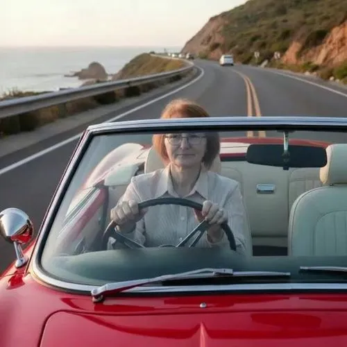 a girl in a car driving fast along a winding mountain road,a lady behind the wheel of a vintage red convertible car,share the road,convertibles,drive,convertible,woman in the car,see you again