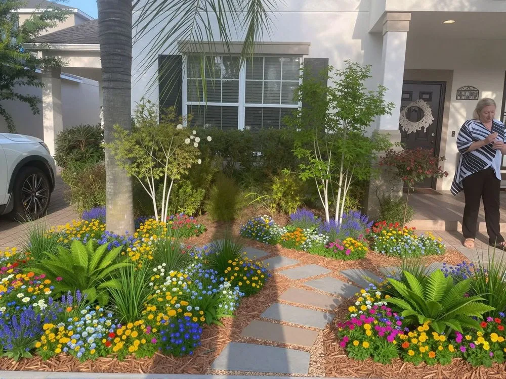 a woman stands on the outside walkway to a house with colorful flowers