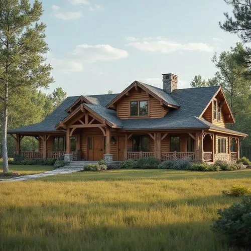 ranch style house
,a large wooden house in a field surrounded by trees,log home,log cabin,3d rendering,summer cottage,the cabin in the mountains,new england style house,country cottage,acreages,chalet
