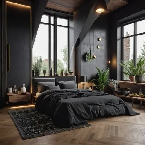 LARGE WHITE herringbone oak floor,bedroom,modern room,modern decor,danish room,loft,great room,interior design,wooden floor,livingroom,wooden windows,sleeping room,wood floor,living room,wood window,d