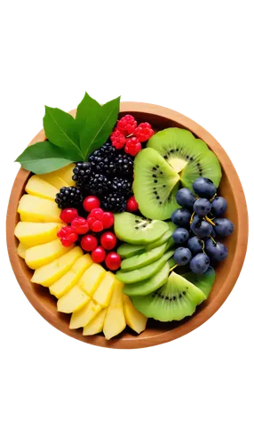Fresh fruit salad, colorful arrangement, mixed berries, sliced apples, grapes, kiwi, pineapple, green leaves, wooden table, natural light, shallow depth of field, warm color tone, 3/4 composition, sof