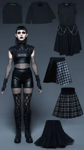 Goth Paper doll futuristic cyberpunk emp punk goth girl in black sleeveless shirt , black spandex shorts, complete full length fishnet and black goth knee Boots, standing surrounded by with a set of g