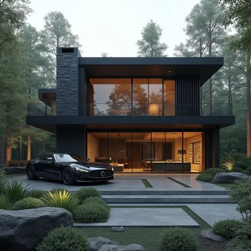 A hyper-realistic, high-resolution architectural photograph of a modern, two-story luxury residence set amidst a lush, tranquil forest. The house features a bold, minimalist design with clean lines an